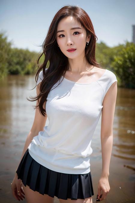 yangmi, chineseidol,  <lora:yangmiV73-000006:0.73>, standing in the middle of water at midnight, Water has flooded the waist, rain, wet,
detailed face, medium breasts, school uniform,
masterpiece, best quality, (realistic, photo-realistic:1.3), (RAW photo:1.2),