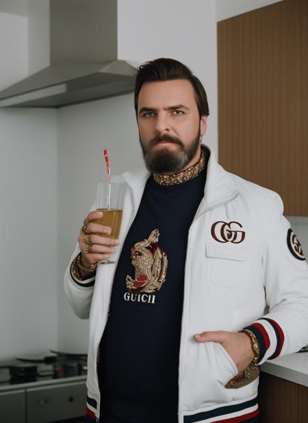 portrait photo, a man drinking vodka on the kitchen, face, beard, fashionable white gucci jacket, (highly detailed,smooth, sharp focus, professional lighting), <lora:ivangrozny:0.7>