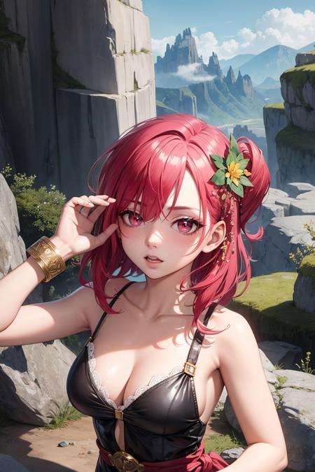 morgiana, pink hair, red eyes, one side up, dress, bracelet, hair ornament