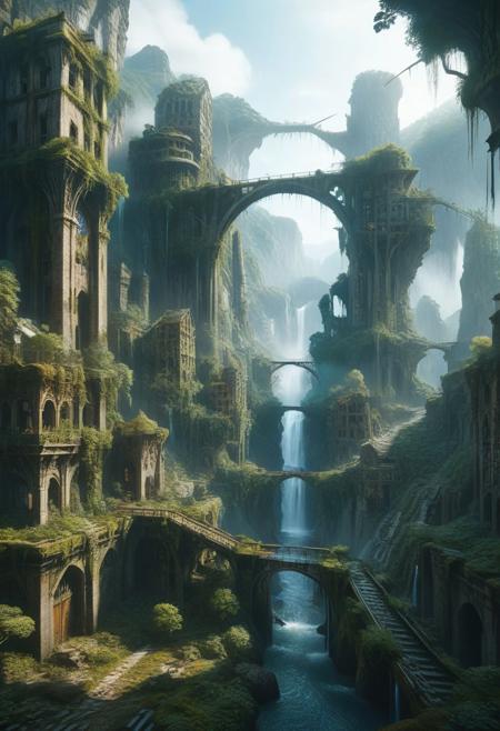 A grand, majestic abandoned fantasy cityscape carved into a collapsed mountain with waterfalls with buildings featuring intricate designs of nordic origin. The city features multiple towers, shattered columns, and flying bridges connecting distant districts of the city. The scene is set in a landscape of a returning forest and overgrown dirt paths, creating a sense of isolation and mystery