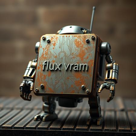chewing long microchip that has "flux vram" printed on it, a obese rusty robot