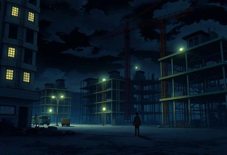 Anime screenshot, a construction site at night, walking alone there