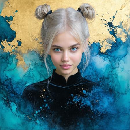 Oil painting rendered in ethereal pastels, hyper-close Dutch tilt framing: a cherubic blonde woman leans forward, messy pigtails cascading over blunt bangs, stray golden strands backlit like filaments. Thick pink lips part in a blushing smirk, cyan-blue eyes locking the viewer under brows veiled by hair. Matte black velvet dress dissolves into swirling indigo ink blooms, pooling at her collarbone. Palette: crushed lavender blush, powdered sugar highlights, inky voids. Makoto Fujimura-inspired nihonga marbling meets Klimt-esque gilt textures. Diffused studio light fractures through airborne ink droplets—innocence laced with liquid chaos.