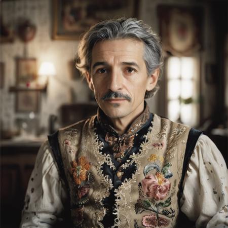 highly detailed candid photo of servant (male), 


solo, looking at viewer, shirt, 1boy, brown eyes, upper body, grey hair, male focus, blurry, vest, facial hair, floral print, realistic, mustache, old, old man, embroidered jacket

depth of field, blurry background, medieval parlor,

masterpiece, best quality:1.1, 

ultra photoreal,
photorealistic:1.0, 
depth of field:1.1, 
(edge lighting:1.2),
(shadow play:1.2),

as photographed by Nathan Wirth
