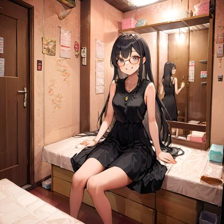 best quality, ultra-detailed, illustration,
hakohel, scenery, door, indoors, light, lamp, tissue box, shelf, towel, mirror,
1girl, solo, glasses, jewelry, long hair, necklace, smile, black hair, looking at viewer, black dress, sleeveless dress, sitting,
<lora:hakohel_SDXL_V2:1>