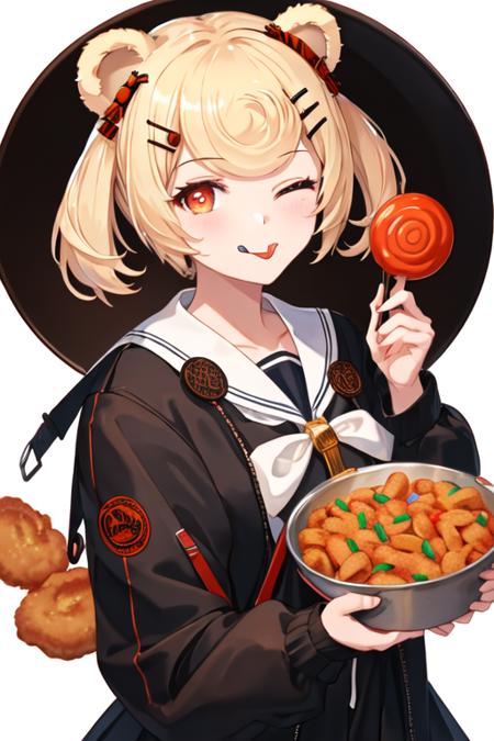 best quality, masterpiece, highres, solo, {gum_arknights:1.15}, animal_ears, blonde_hair, bear_ears, short_hair, hair_ornament, candy_hair_ornament, hairclip, food-themed_hair_ornament, bangs, smile, orange_eyes, upper_body, red_eyes, 1girl, looking_at_viewer, sailor_collar, jacket, one_eye_closed, black_jacket, white_sailor_collar, tongue, tongue_out, ;q, frying_pan, long_sleeves, holding, simple_background, white_background