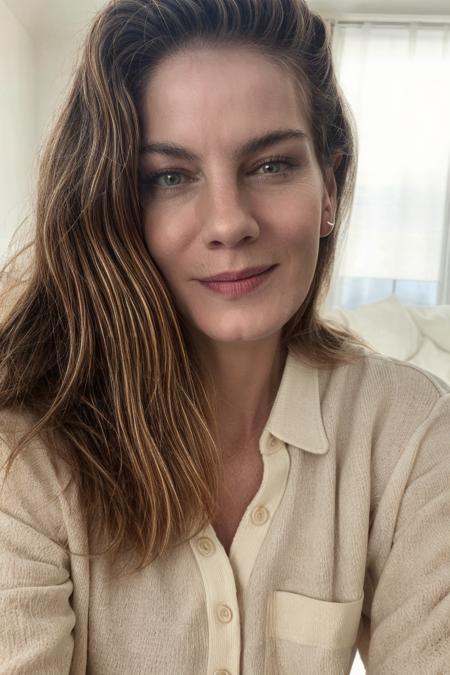 portrait photograph, a woman in a white shirt, smirk, studio lighting, (high detailed skin:1.1)
 <lora:0more_details:1> <lora:michelle_monaghan_lora_v01:1> michmon