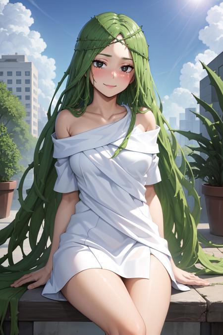 Ibara, 1girl, solo,   black eyes, black pupils, looking at viewer, closed mouth, breasts, large breasts, hourglass body,  cowboy shot, dress, bare shoulders, blush, (plant girl:1.3), white dress, sitting, sitting in, girl sitting, collarbone,hands in hips, smile, off shoulder,  outdoors, day, clouds, school, buldings, sunshine, city, green hair, very long hair, (thorns hair:1.2), 
 <lora:Ibara:0.8>