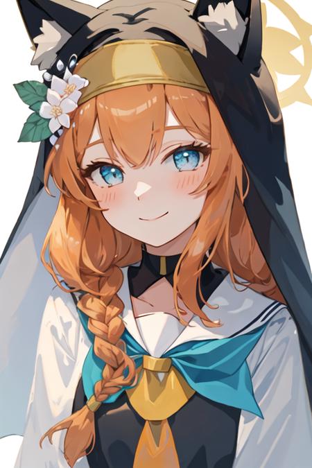 best quality, masterpiece, highres, solo, {mari_bluearchive:1.15}, long_hair, orange_hair, flower, blue_eyes, halo, bangs, blush, animal_ears, hair_ornament, animal_ear_fluff, hair_flower, smile, hairband, white_hairband, hair_between_eyes, 1girl, animal_ear_headwear, blue_neckerchief, braid, closed_mouth, habit, hat, hat_flower, looking_at_viewer, neckerchief, nun, sailor_collar, simple_background, single_braid, white_flower, white_sailor_collar, upper_body, white_background, portrait