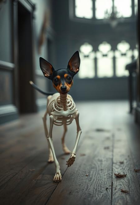 The skeleton of Miniature Pinscher roaming in an old mansion, Shy Miniature Pinscher. really cute skeleton. Creepy ambiance.