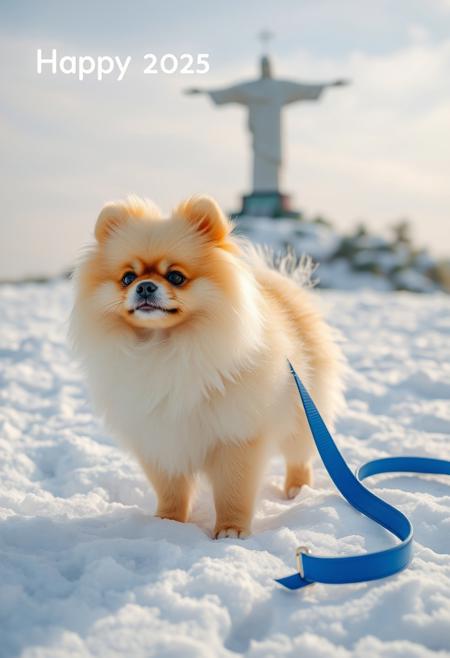 The image is a high-resolution photograph showing a small Pomeranian dog standing in the snow. The Pomeranian, with its fluffy, light tan coat, has a prominent white patch around its neck and chest, giving it a distinctive appearance. Bubble says "Happy 2025"
In the background, the snowy field... To the right of the dog, a blue and white leash lies on the ground, indicating that the Pomeranian might be outdoors with its owner. The overall atmosphere of the photograph is bright and lively, with Christ the Redeemer, an iconic image of Brazil, in the background.
