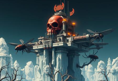 "Create a detailed, side-view illustration of an Air Fortress Ziggurat on a Crystal Tree background. The fortress should have a red skull and flying machinery details. Include a hybrid bug companion and ensure the head of the fortress is centered. Draw inspiration from Star Wars, genshin, and solarpunk concepts. Implement dark enclosed mechanisms and make it look hypermaximalist with micro details. Use Octane Render and ZBrush for a 3D sculpture effect. Add elements of hyperrealism, dramatic lighting, and intricate elegance, similar to the style of Tesla Isidha, Android Jones, Stanley Lau, and Artgerm."