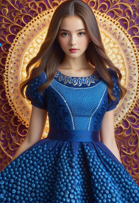blueberrym0rph, blueberry dress, intricate details, ultra sharp, exquisite detail, flawless composition, vivid colors, masterpiece, Super model, portrait, stoic, expressionless, beautiful, photorealistic, UHD, 8K, masterpiece, detailed, ultra_high_resolution, lots of detail, YurYuna, brown hair, modest, sfw, gorgeous, looks beautiful and aesthetic, colorful background, key visual, luxurious, artistic, high resolution, digital art, visual aesthetics, contemporary design, vibrant colors, artistic composition,  elegant, intricate detailing, modern,