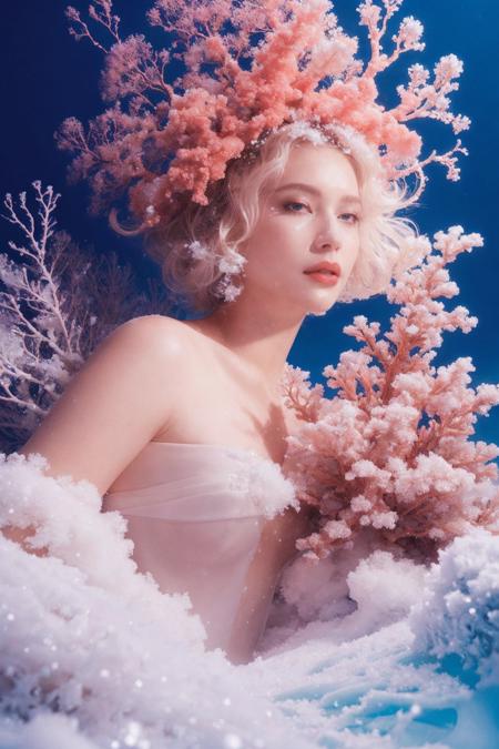 a woman, snow covered ground, under the water, nick knight, covered in (coral) and barnacles, fashion, crystalline translucent, swirly, crown, sea anemone, [white:blond] hair