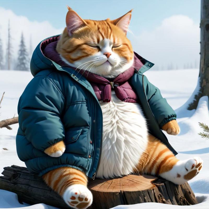 A fat orange cat in a blue jacket and purple scarf.