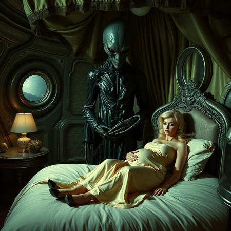 Terrified blonde secretary, clad in a  1950slong delicate silk slip, her glasses askew, pregnant, hands tied to headboard,   laying belt fastened to weird alien   bed under lush canopy, reflecting the faint glow of the elegant alien lord wife  boudoir. Glossy fluffy  high heels a stark contrast to her distress, as a towering, human-like alien in a glossy black slime baroque  robe looms over her, its long fingers caressing her  pregnant body.The walls appear to be alive, covered in a pulsing, iridescent slime, while giant observation portholes gaze in like empty eyes, as if the very darkness of space itself is watching this horrific scene unfold. Inspired by the dark, industrial sci-fi of H.R. Giger, the eerie, atmospheric lighting of Zdzisław Beksiński, and the surreal, biomechanical nightmares of Francis Bacon.