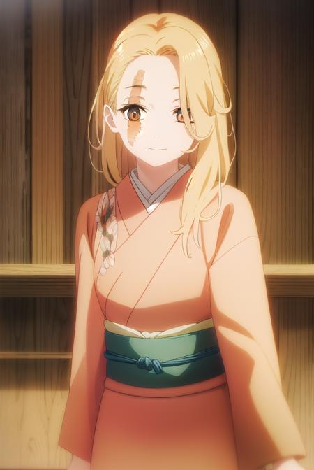 yui, long hair, blonde hair, (brown eyes:1.5), scar, scar on face, long sleeves, japanese clothes, kimono, sash, obi, grey kimono,