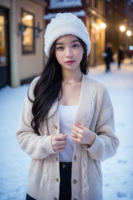 (best quality:1.4), (ultra highres:1.2), (photorealistic:1.4), (8k, RAW photo:1.2),(portrait shot:1.3), bmangpor, 1girl, solo, long hair, black hair, sweater, open clothes, snow, hat, <lora:bmangpor-04:0.65>