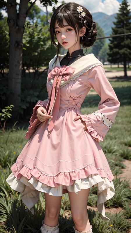 grassland, 1girl, solo, full_shot, hands_on_hips, 
<lora:è´é¢neg4all_bdsqlsz:0.8>, mh \(manaka nemu\), pink dress,, best quality, ultra high res, (photorealistic:1.4), masterpiece, highres, original, extremely detailed wallpaper