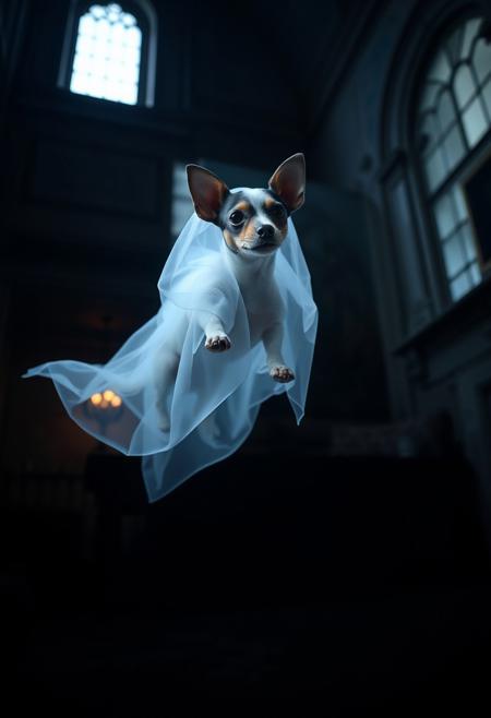 The ghost of Miniature Pinscher floating in an old mansion, Shy Miniature Pinscher. really cute ghost. The miniature Pinscher is a translucid ghost. Creepy ambiance