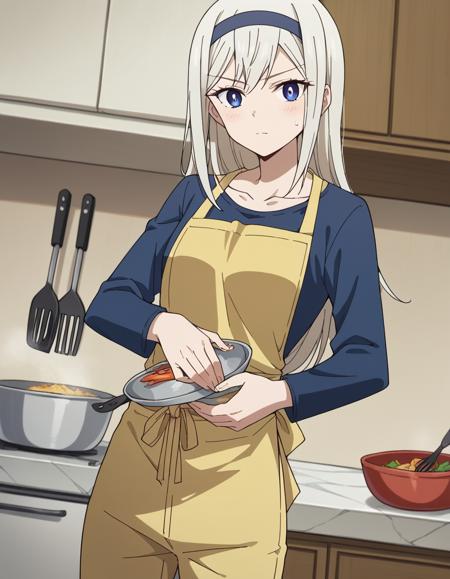 kei shirogane, long hair, blonde hair, blue eyes, white hair, hairband, shirt, long sleeves, blue shirt, pants, yellow pants, collarbone,