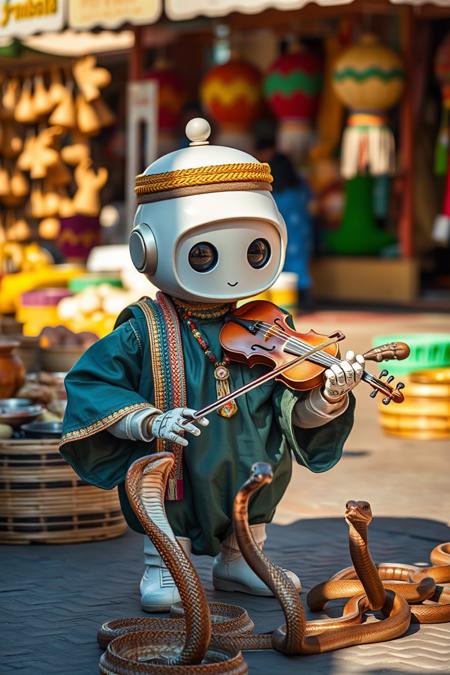 realistic photo of a cute round robot dresses as Moroccan snake charmer, charming snakes with a violin, exotic market, hot weather, sunshine and shadows,