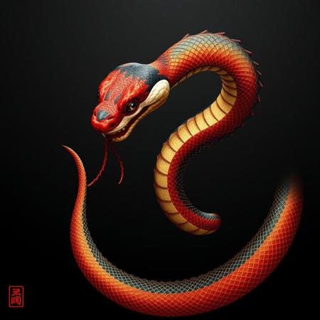 japanese snake art is depicted with intricate, realistic digital painting of a snake, with a striking contrast of red, gold, black and white, giving a three-dimensional effect, realistic appearance,