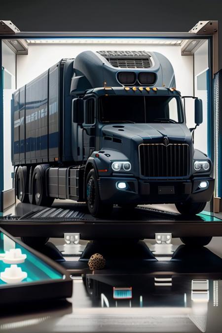 1 vehicle, 
futruk
(figrne, on a base, behind glass case)
backdrop is concrete road of American highway, 
8k,
