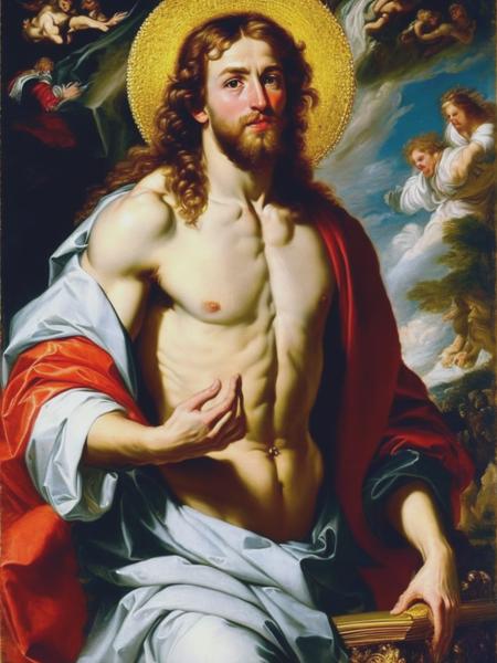 <lyco:PeterPaulRubens:1.0> an oil painting of jesus by peter paul rubens