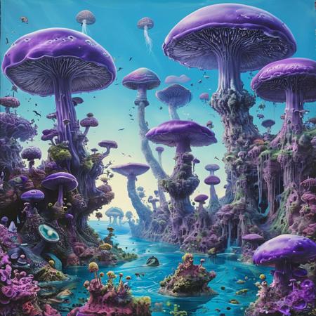score_9, score_8_up, score_7_up, style of Micrographia, sci-fi world, blue sky, purple water, islands with green mushroom trees, flying fish aliens, background, masterpiece, detailed,