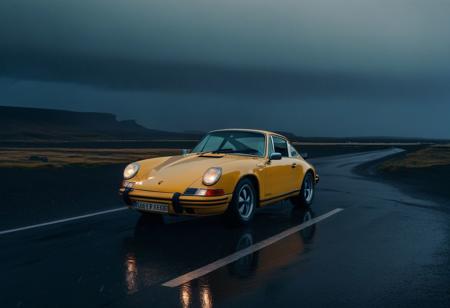 cinematic photo of the a classic Porsche 911 in Iceland at sunrise, Dark ambiance, downpour, thunderstorm, heavy rain.