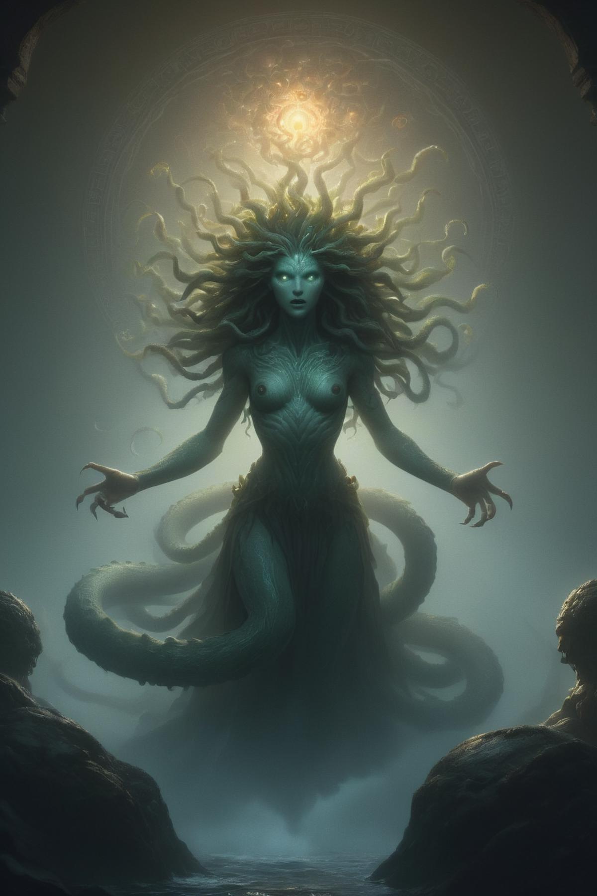 Ancient Greek Mythological Artwork Featuring a Mermaid-like Creature with Large Scales and Tentacles