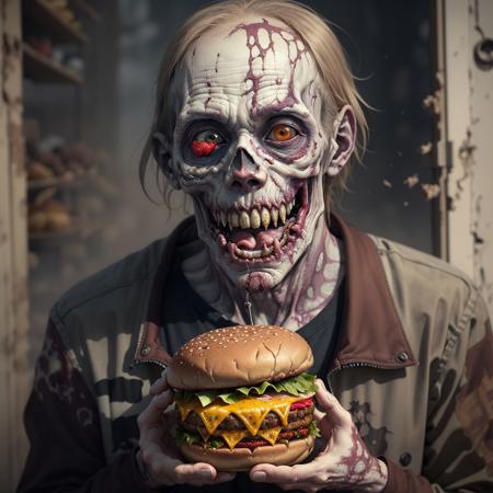 <lora:rottingzombiesLora_v10:1>, rotungwoka person eating a tasty looking hamburger