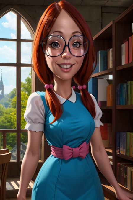 gretchen,black eyes,large glasses,low twintails,buck teeth,
blue dress,short sleeves,
smile,standing,
library,window,
(insanely detailed, beautiful detailed face, masterpiece, best quality),solo,<lora:gretchen:0.8>,