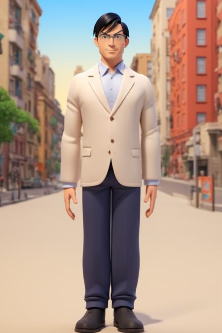 3d toon style image of full body tenxiida character,  serious male,  black hair,  wearing glasses,  in casual clothing,  background of city buildings,  3d toon style, <lora:EMS-57832-EMS:1.000000>, , <lora:EMS-27856-EMS:1.000000>