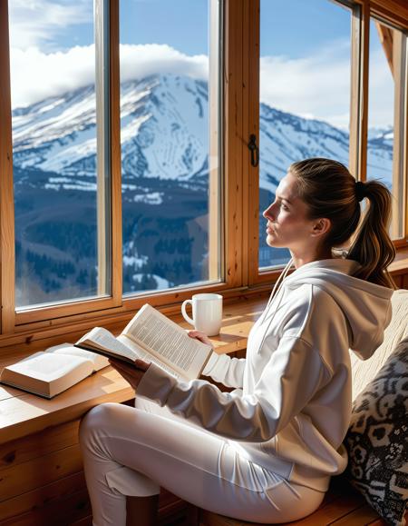 A photorealistic  shoot from the side about a young woman reading a book while sitting in a cozy wooden cabin with a breathtaking view of a snowy mountain landscape. the image also shows a warm and inviting atmosphere. on the middle of the image, a 20-year-old woman with light skin and brown hair tied in a single hair bun is sitting on a chair, wearing a white hoodie and white pants, with her legs spread apart. she is holding a white mug in her left hand and an open book in her right hand, looking at the viewer with a calm expression. she appears to be a young adult, with realistic eyes and a slender physique. her hair is styled in a messy bun, and she is wearing white sneakers. the room is filled with warm lighting, and a cozy fireplace is visible in the background, with a snow-covered mountain and a waterfall visible through a window. the sky is clear with a few birds flying, and the overall atmosphere is peaceful and serene.
