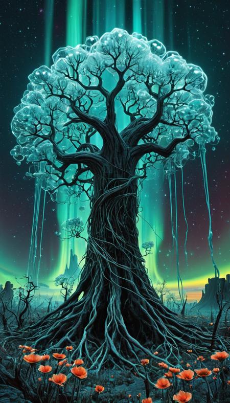 Petrified trees bloom crystalline flowers under an aurora, their roots entangled with neon vinesâsurreal digital art, hyper-detailed, inspired by ZdzisÅaw BeksiÅski, DonMM4ch1n3W0rldXL