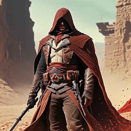 extremely detailed background, cinematic, masterpiece, a dark hooded figure, Dark Fantasy page, a reaper who seems to meld with the shadows, brown cloak, gun and bullets on his waist, the figure exudes an air of mystery and forbearance, with a dark crimson aura, captures the anomaly and maleficence of the character with vivid detail, high contrast, deep shadows, <lora:detailed_notrigger:0.9>, kneeling, touching the ground to track an enemy, (torn cape:1.1), close up, light particles, the angency of evil, from below, dual wielding, sheath in back, digital artwork by Beksinski, red eyes, ArsMovieStill, movie still from a 1940s western movie, assassin's creed cloak, Assassins Creed style, desert background, hood hiding the face, 3D, gun at waist