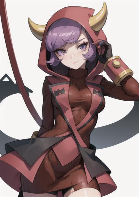 <lora:courtney:0.7>,courtney, 1girl, solo, breasts, looking at viewer, smile, short hair, bangs, simple background, gloves, white background, dress, closed mouth, purple eyes, purple hair, horns, signature, hood, arm up, sweater, eyelashes, red dress, clenched hand, red gloves, ribbed sweater, hood up, fake horns, sweater dress, horned headwear, ribbed dress