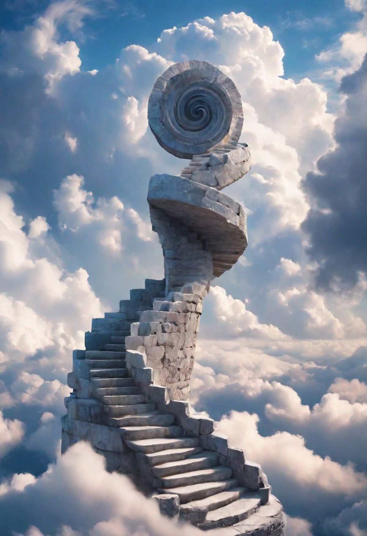 A set of stairs with a spiral on top, overlooking a cloudy sky.