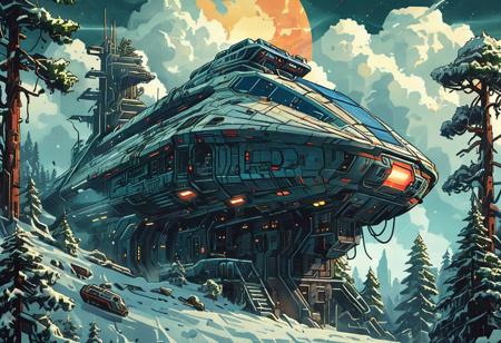 book cover, Retro futuristic Image, a huge spaceship (long abandoned) in a fir tree forest, half buried, sharp, high detailed, realistic,