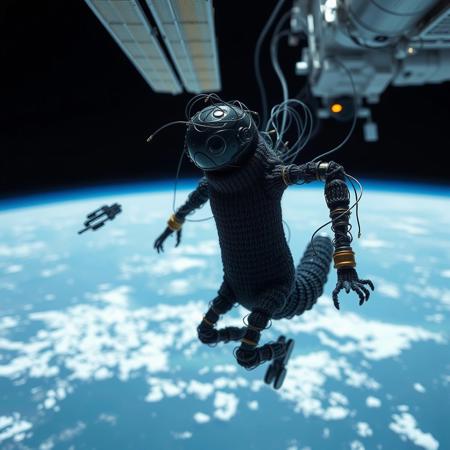 A creepy worm-like robot made of artificial black muscles moves around the ISS. The robot is dressed in knitted clothes made of wire
