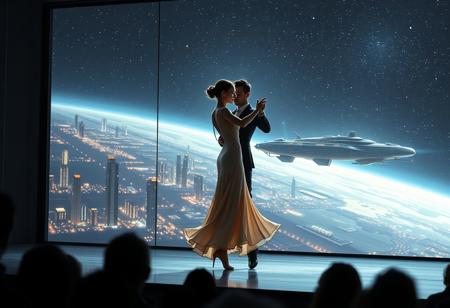 immaculately detailed realistic ultra quality image of a beautiful elegant female dancer and male counterpart are dancing on a futuristic stage micro-LED lighted, the dancer is the focus of the image, every detail of her dress and body are fully visible, the height of the image, behind the dancer on the stage is an enormous seamless and futuristic wall to wall and floor to ceiling window that looks out at a the planet's surface covered with the lights of enormous buildings and cities, An enormous deco starship with futuristic lighting and an enormous space station are visible in the background among the stars, Artistic art deco, dynamic perspective, (((overall architectural aesthetic is Art Deco Cyberpunk))).  Epic image that elicits a feeling of romanticism, wonder, and awe, the silhouette of the audience can be seen in the foreground that show the enormous scale of the stage and seamless window behind it,