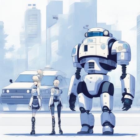 anime Robot Police standing in the Street (MechaLabor style:1) <lora:djzMechaLabor:0.8)