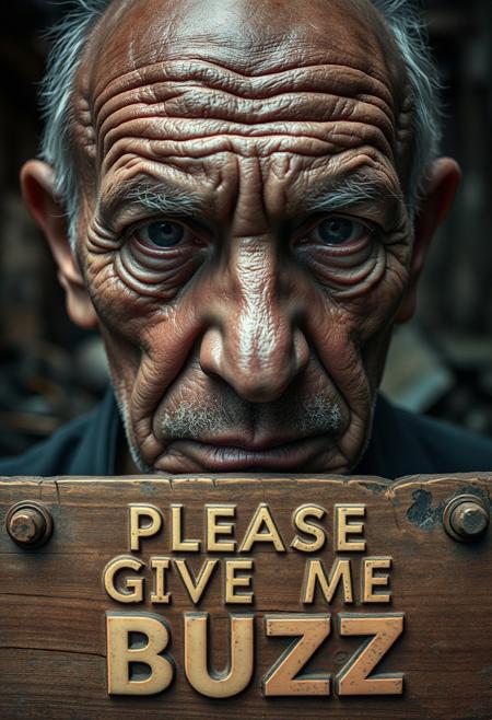 “A middle-aged man with deeply wrinkled, weathered skin is captured in a close-up using a 50mm Panavision Prime lens, revealing every intricate detail of his face. Dramatic lighting casts heavy shadows, highlighting the sorrow and exhaustion etched into his features. His eyes, full of suffering, speak to years of hardship. In the background, softly blurred, a decaying slum looms with crumbling walls and debris. At the lower part of the image, a cracked wooden panel with rusted nails holds bold, capital letters carved into the wood, reading ‘PLEASE GIVE ME BUZZ.’ The text, in a pastel color, blends with the wood grain, intensifying the gritty, distressed atmosphere, adding an ironic contrast to the somber mood.”