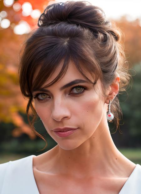 closeup portrait of skswoman, :3 , wearing cocktail dress , with ash brown Updo , background autumn epic (photo, studio lighting, hard light, sony a7, 50 mm, matte skin, pores, colors, hyperdetailed, hyperrealistic), <lyco:Maribel Verdu:1.1>