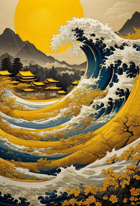 very beautiful insanely detailed image of tsunami in golden spring". Wave of kanagawa, beautiful golden mountains, bright dark yellow ornate sun, by Victo_Ngai, Oleksandra Ekster, Malevich, Vladyslav Yerko and Alexander Jansson, Vladyslav Yerko! Very Complex perfect elegant composition! linen gesso acrylic paper, epic Dramatic lighting! Razor-sharp quality insanely detailed, deep colors realistic masterpiece<lora:xl_more_art-full_v1:0.5>
