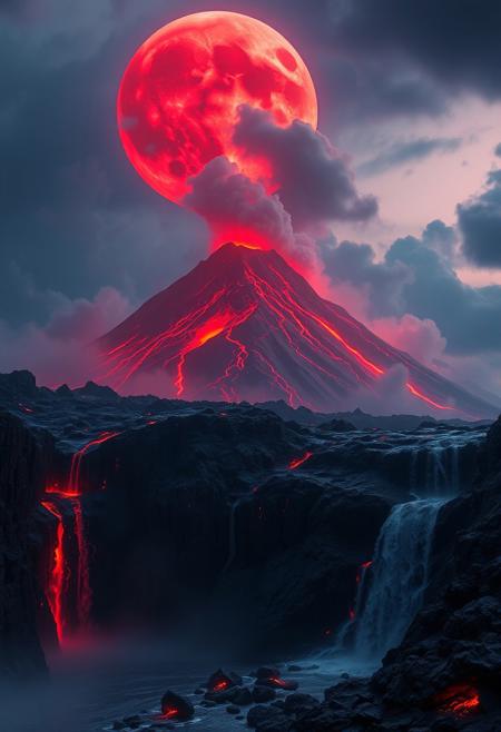 a volcanic eruption, a river of fiery red lava, a waterfall, a large red moon in the background, dramatic lighting, cinematic composition, photorealistic, (best quality,4k,8k,highres,masterpiece:1.2),ultra-detailed,(realistic,photorealistic,photo-realistic:1.37),dramatic lighting,dramatic sky,dynamic composition,volumetric lighting,intricate details,vivid colors,3d render,concept art