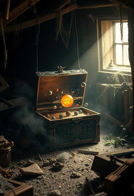 "Dusty, cobweb-shrouded attic, with a faint ray of sunlight illuminating a forgotten treasure. A beautifully crafted, antique box is revealed, its intricate details and ornate patterns emerging from the shadows. As the lid creaks open, a tiny, self-contained universe bursts forth, with a miniature sun at its center, surrounded by planets and moons, each one a marvel of detail and realism. Stars and stardust spill out of the box, as if the universe within has finally broken free of its confines. The surrounding attic is bathed in a warm, ethereal glow, as if the very fabric of reality has been torn apart. Style: hyper-realistic, with a focus on capturing the textures, materials, and atmospheric conditions of the scene, and a sense of wonder and awe at the discovery of the miniature universe."