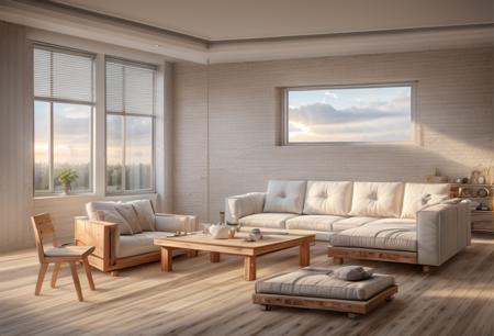 (ultra realistic), masterpiece, best quality, super detailed, ultra high res, raw photo, 8k,
living room lukhshad aj in the apartment, in the style of modern, monochromatic serenity, super detailed, concrete, white, wooden table, (light gray modern fabric sofa), fabric pilows, wooden flooring, wooden modular cabinet, backlight, white wall, (white ceiling), soft sunlight, window,
 <lora:Modern wooden living room - PHK:0.5>